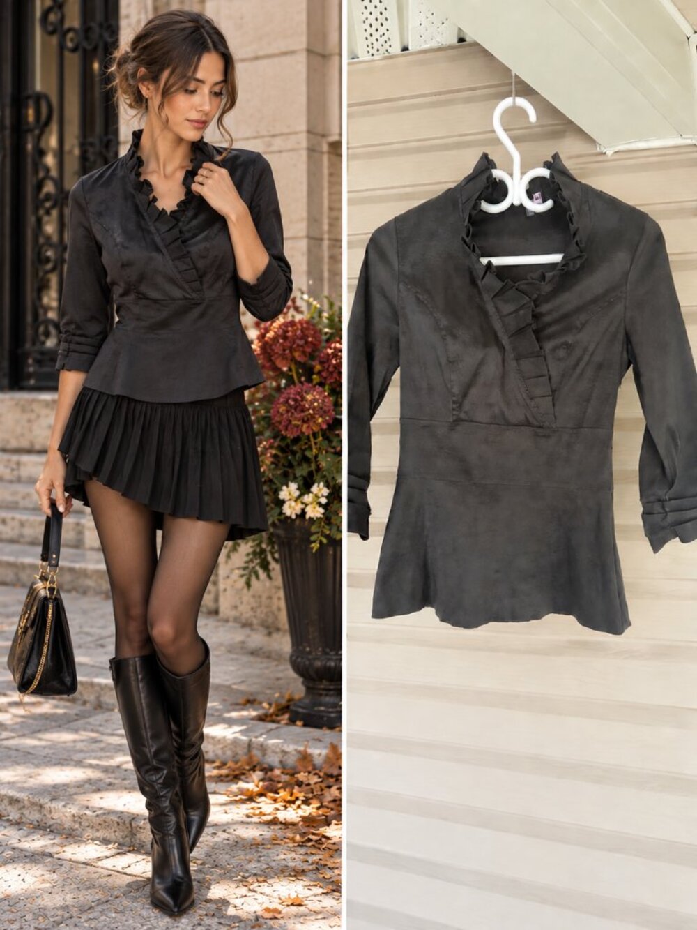 Le Chateau Black Pleated Ruffle Blouse Fitted 3/4 Sleeve Dark Academia S